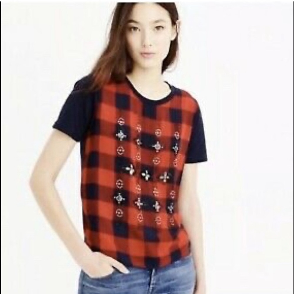 J. CREW - Tartan Buffalo Check Embellished Top Tee